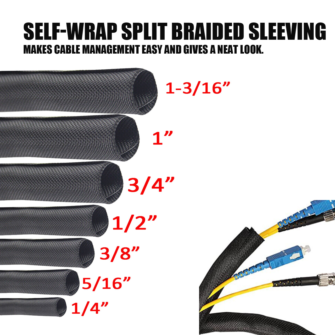 Braided Wire Loom Split Sleeving Self-Wrap Cables Management Protector Guardian