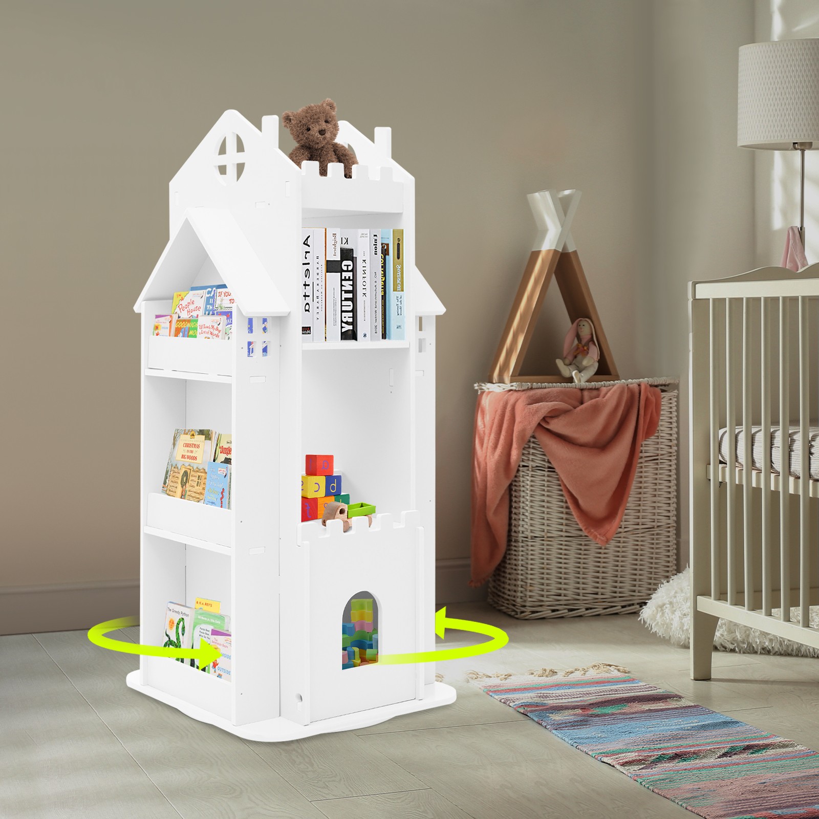 White Rotating Bookcase Kids Room Bookshelf Study Room Storage Display Shelf