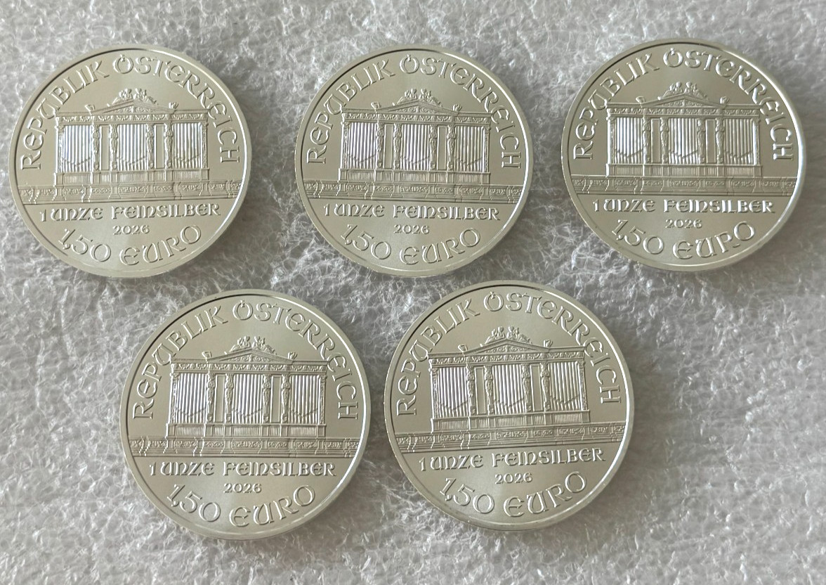 Lot of 5 Silver 2026 Austria Philharmonic 1 oz .999 fine 1.5 euro Austrian coins