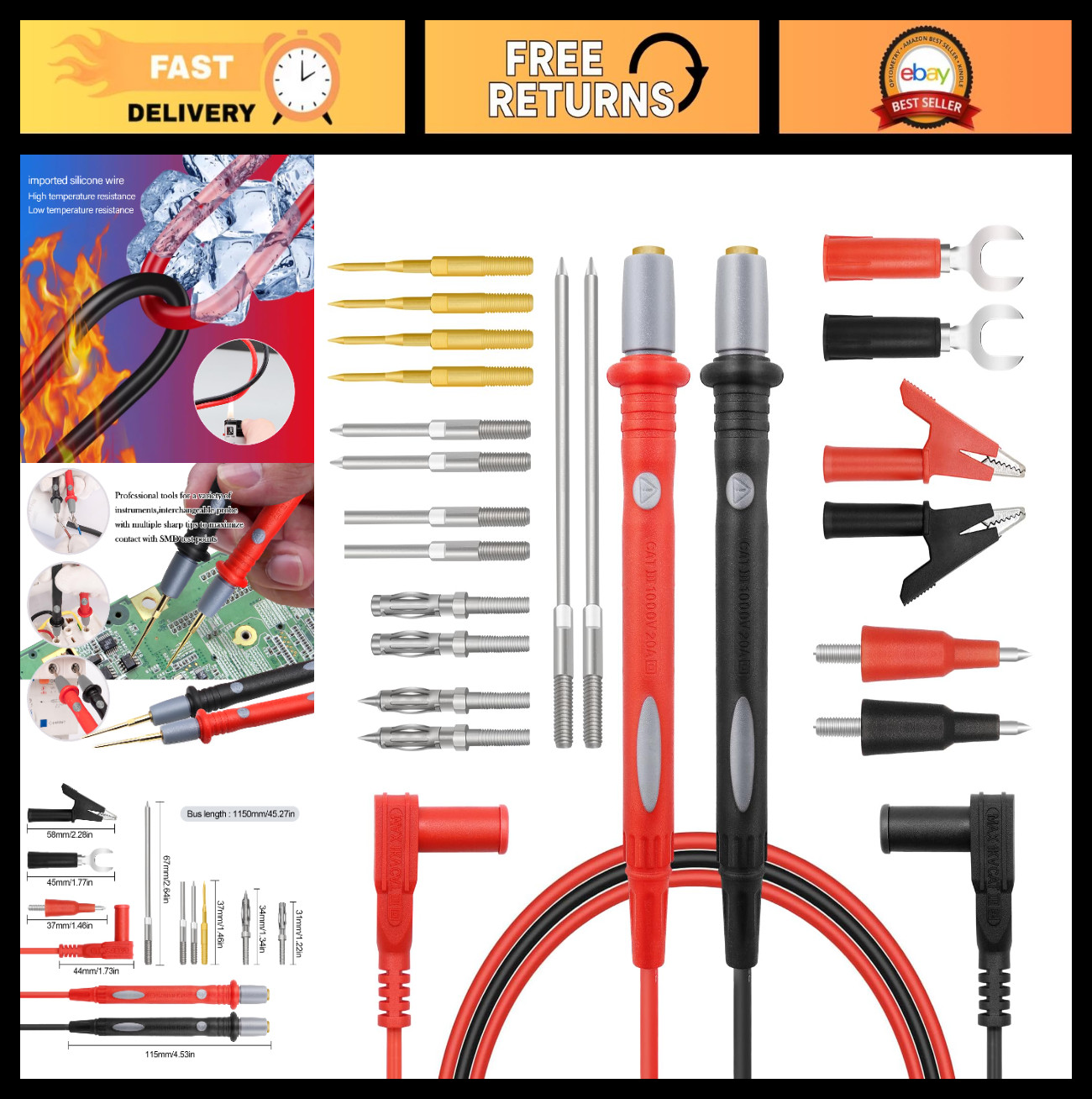 22-Piece Multimeter Test Lead Kit - Back Probe Leads, Alligator Clips, Gold-Plat