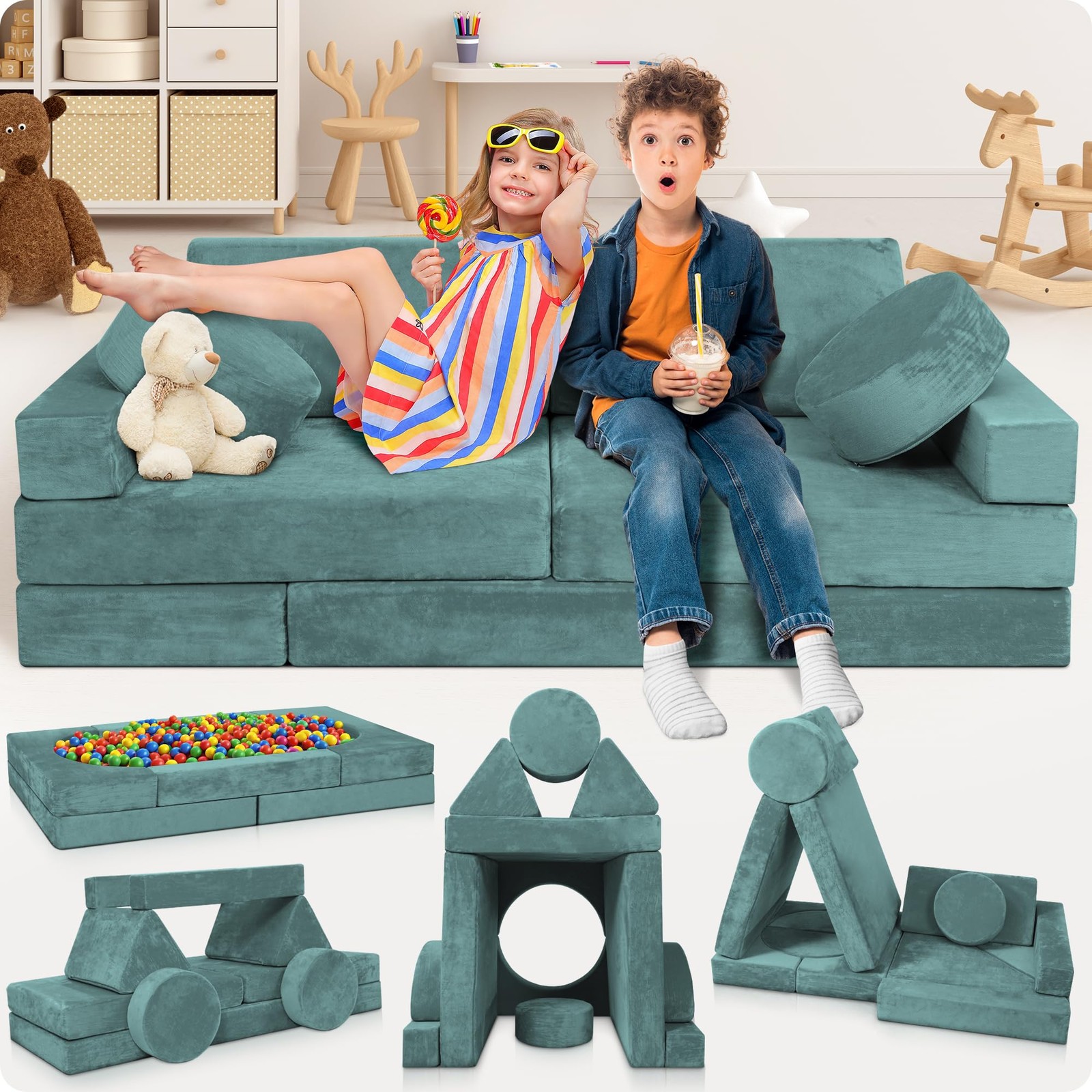 LX15 14pcs Modular Kids Play Couch, Design-Patent Child Sectional Sofa, Fort-...