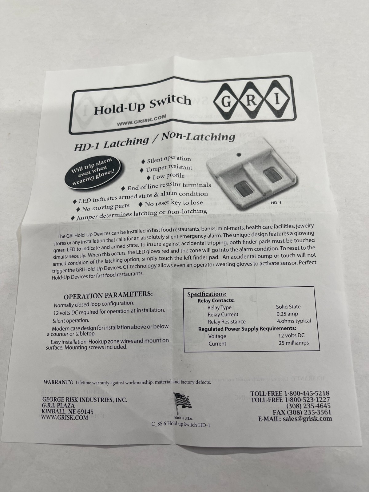 GRI HD-1 Latching/Non-Latching Device - NEW - Security Devices - Security System