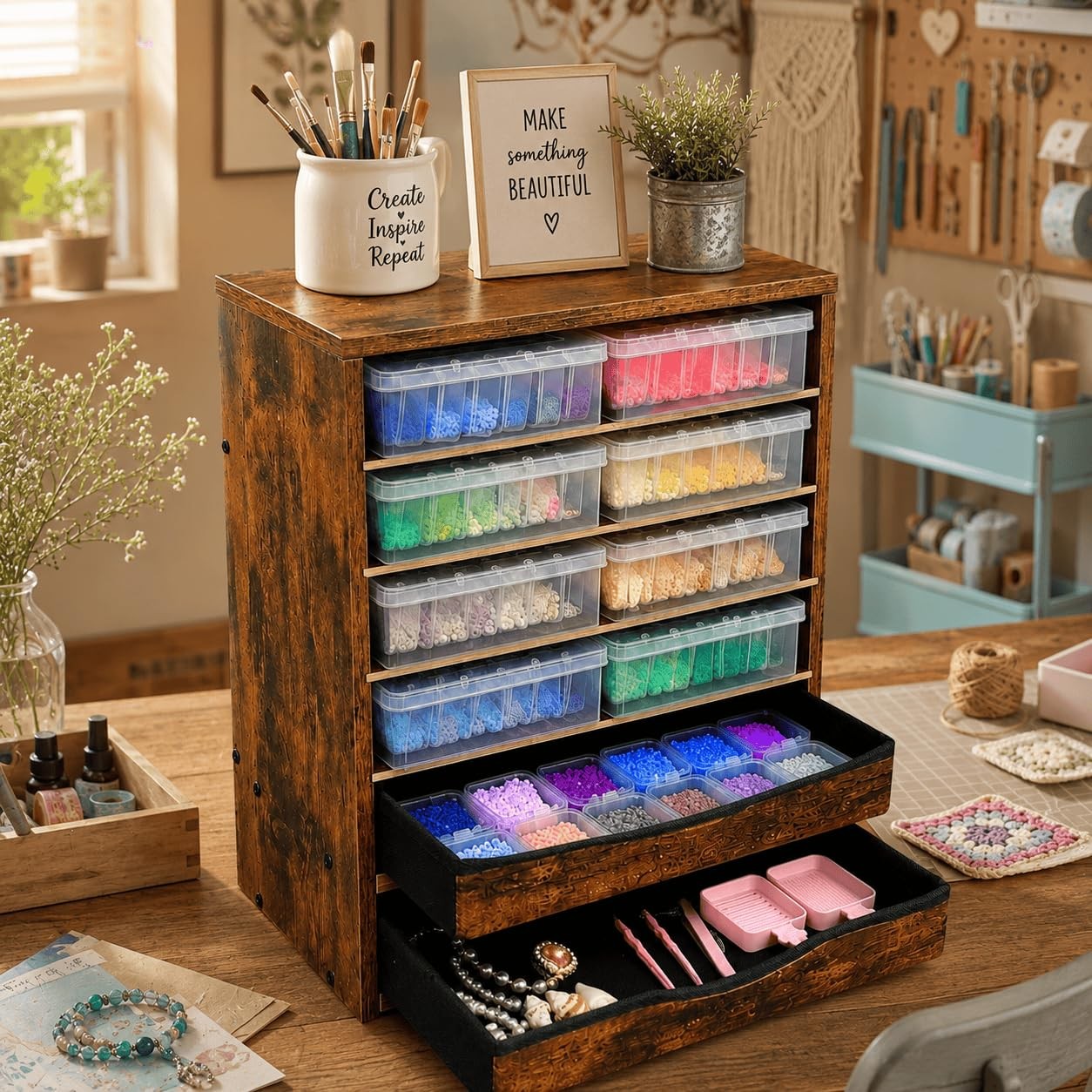 Wooden Desk Organizer with Drawers, 6 Tier Adjustable Paper & File Storage Or...