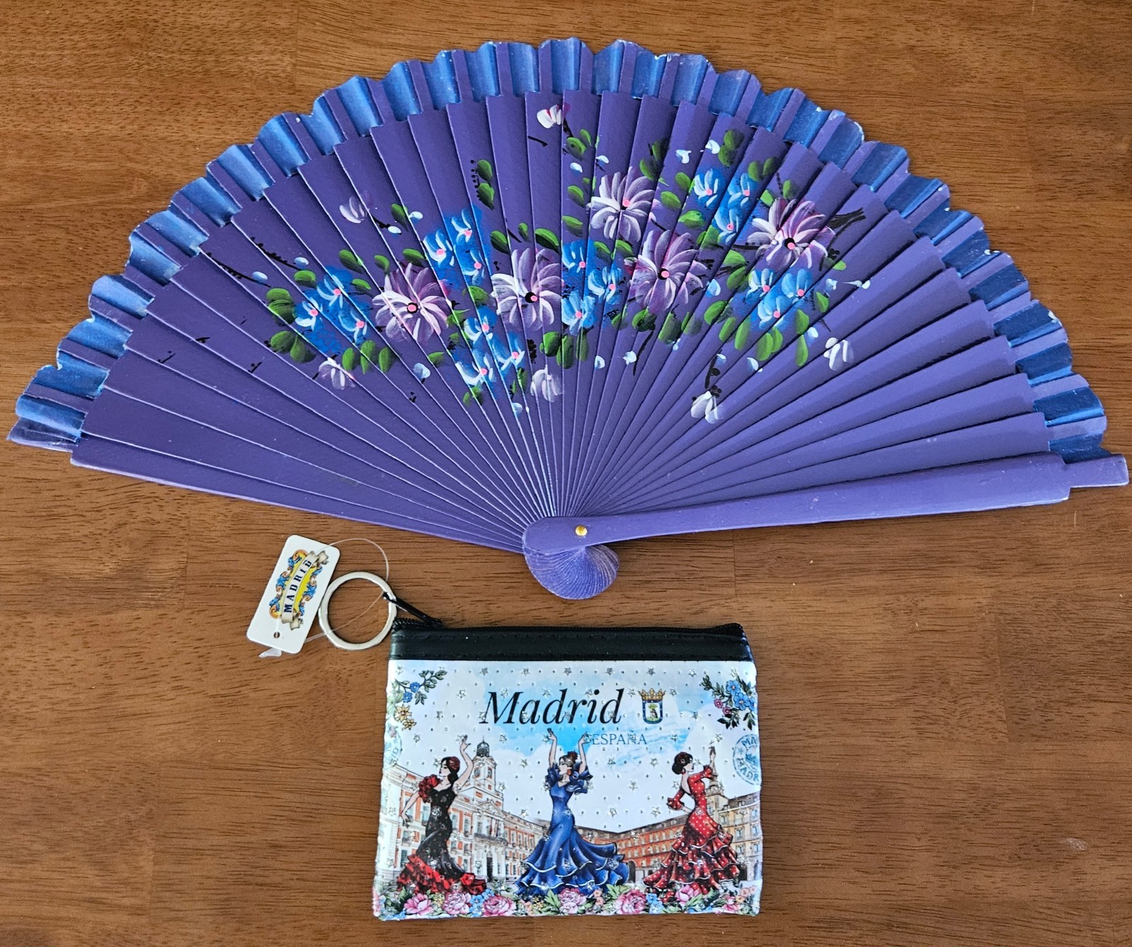 Spanish Abanico Purple Blue Double Sided Enamel Fan Madrid Coin Purse Set