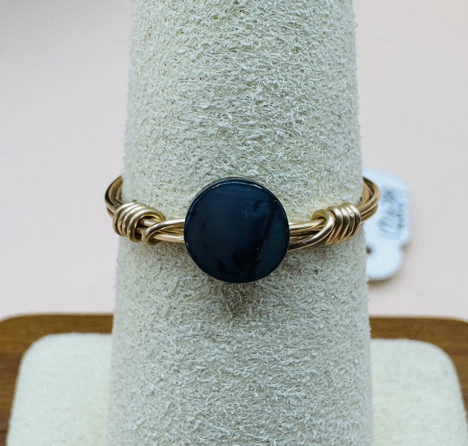 Gold Wire Wrapped Midnight Bead Ring Size 7 minimalist