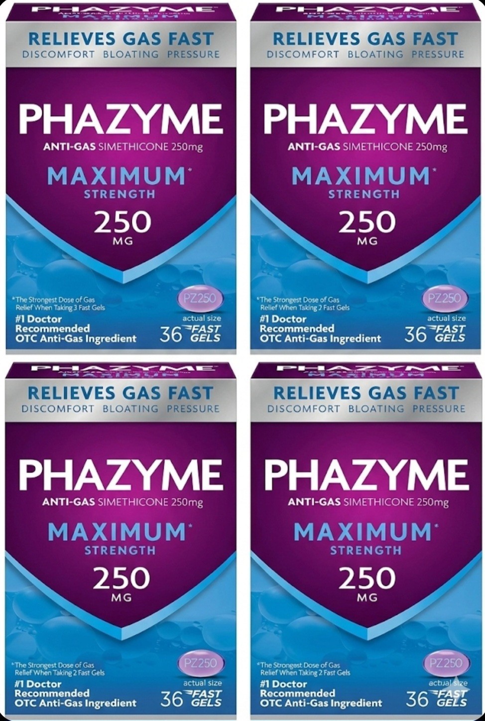 Lot of 4 - Phazyme Maximum Strength 250mg Gas Relief 36 Fast Gels Exp. 02/26