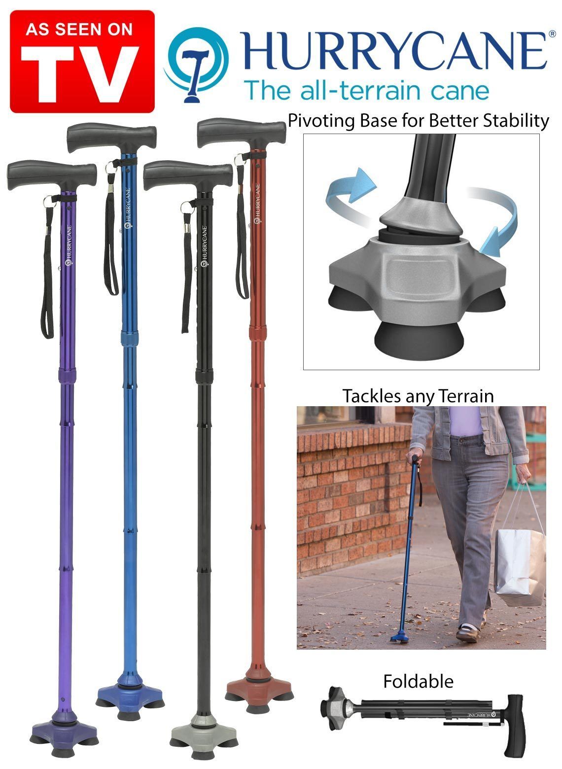 HurryCane All-Terrain Pivoting Base Folding Walking Cane 4 Colors NEW