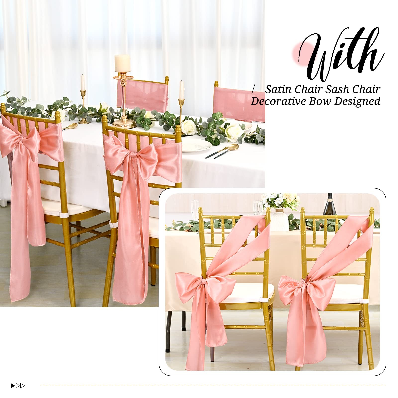 Pesonlook 50Pcs Satin Chair Sashes Ties, Rose Gold 50Pcs,