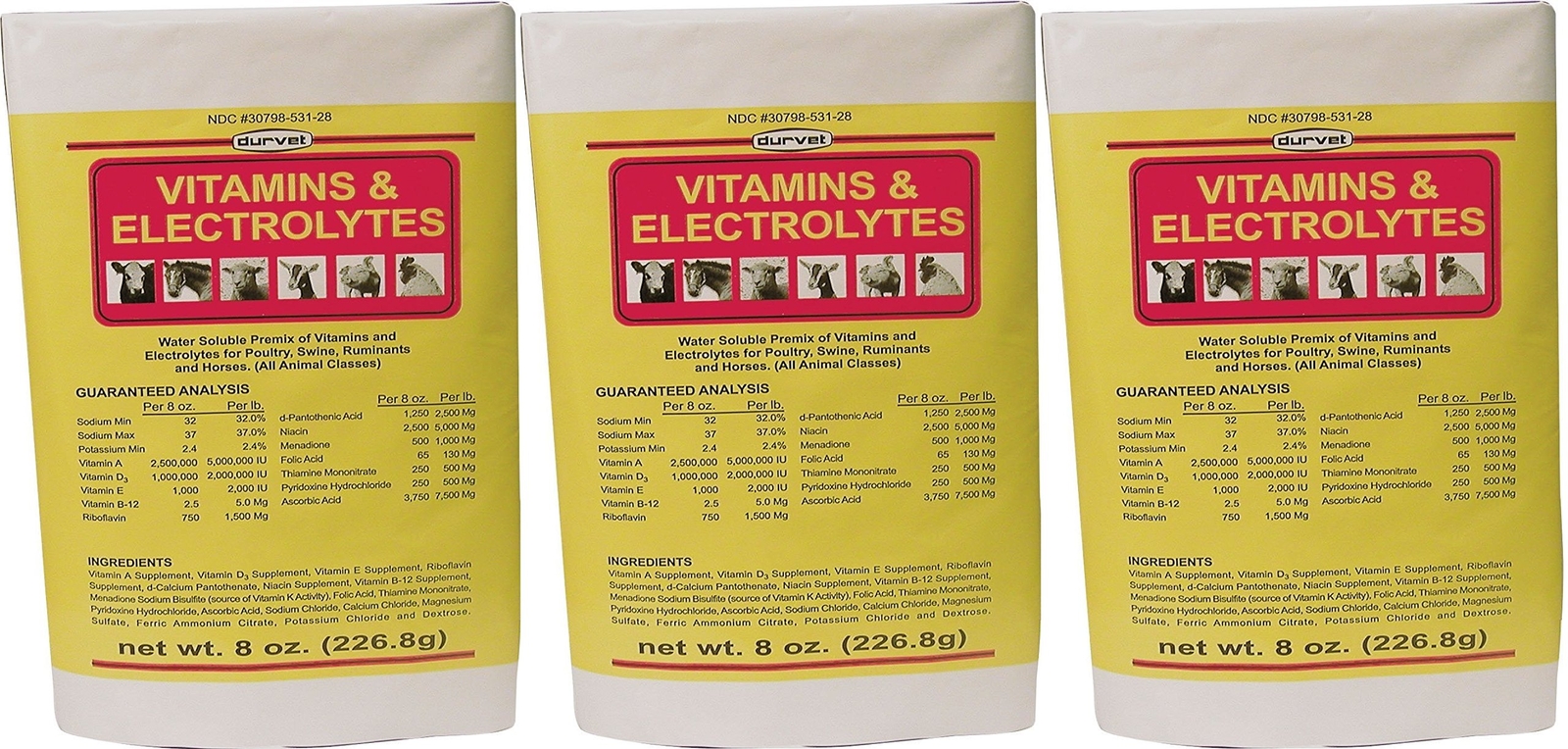 DURVET Electrolytes Vitamins 3 Pack 8 oz Water Soluble Additive for Animals