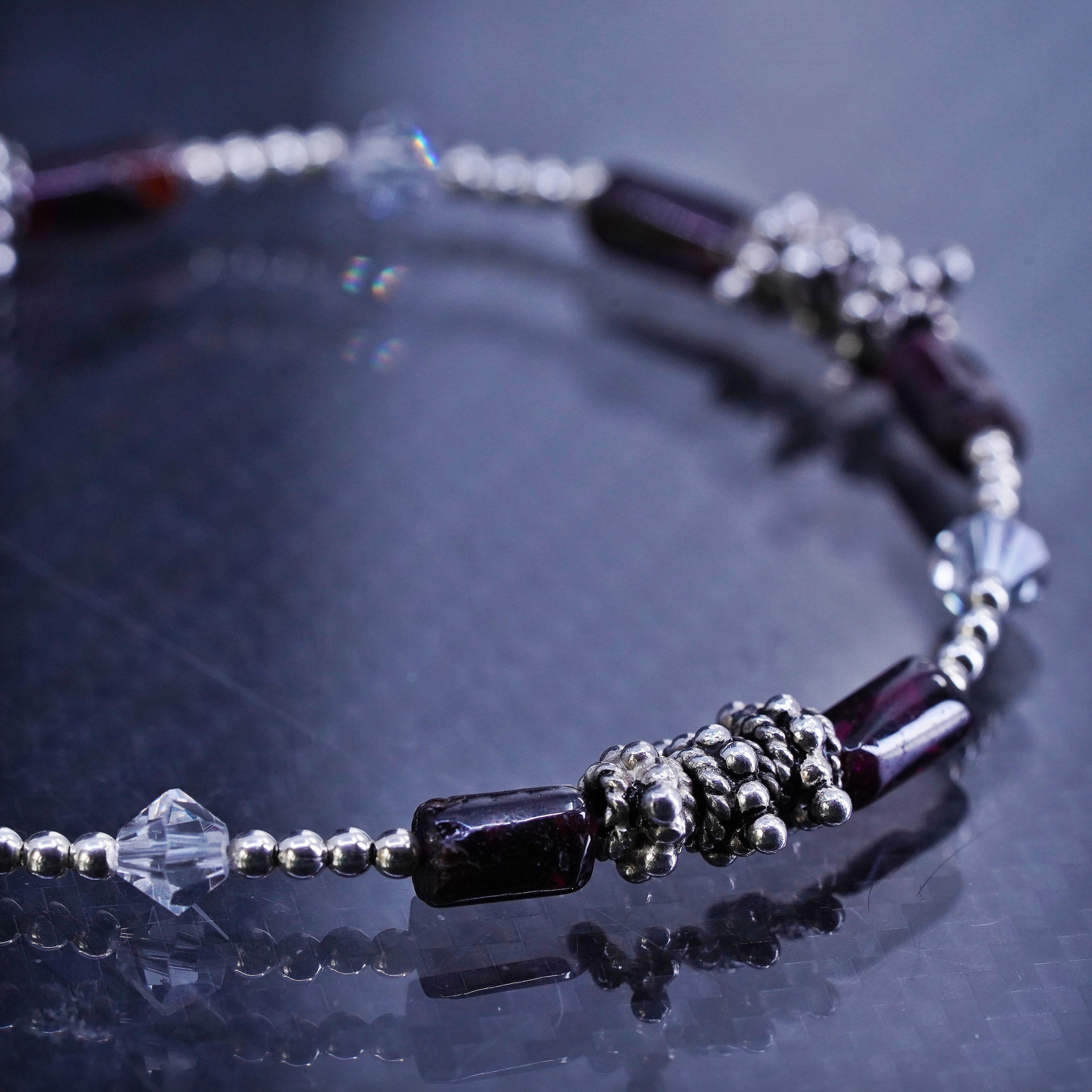 7.25”, sterling silver 925 handmade bracelet with garnet tube toggle closure