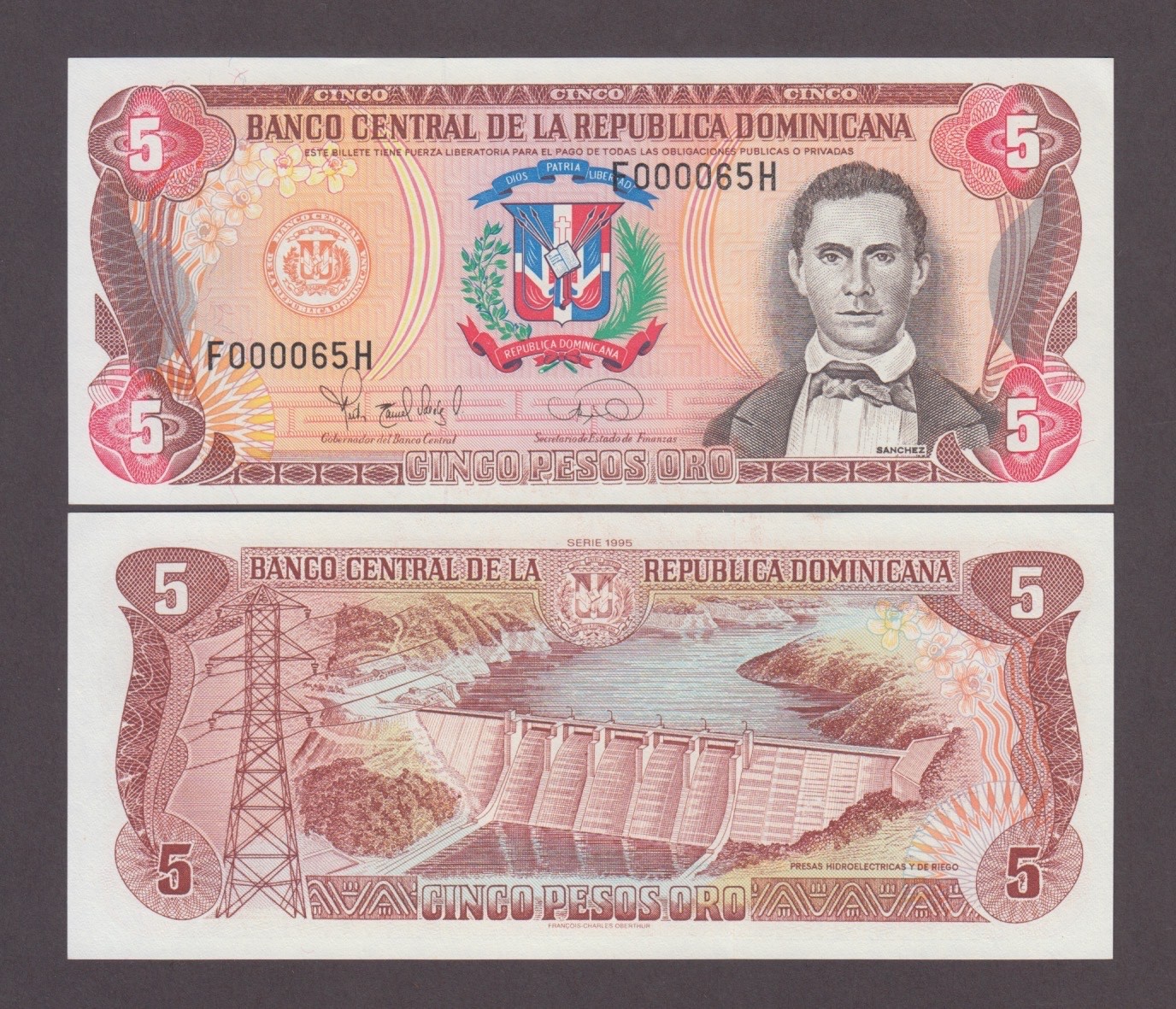 DOMINICAN REPUBLIC P.147a  5 PESOS ORO 1995 F/H LOW S/N UNC WE COMBINE  2606