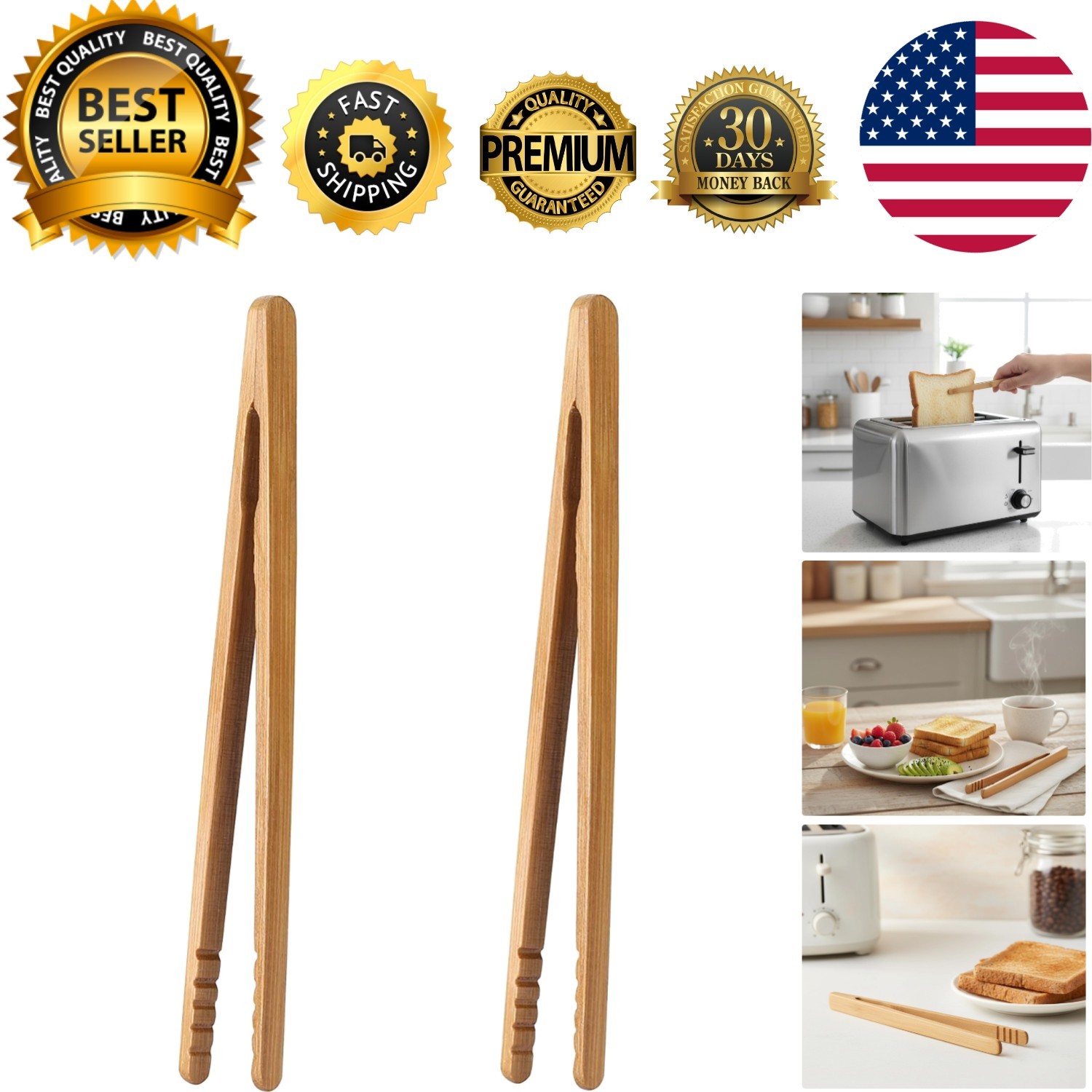 Compact Bamboo Toast Tongs 7-Inch Set of 2 - Perfect for Breakfast & Beyond