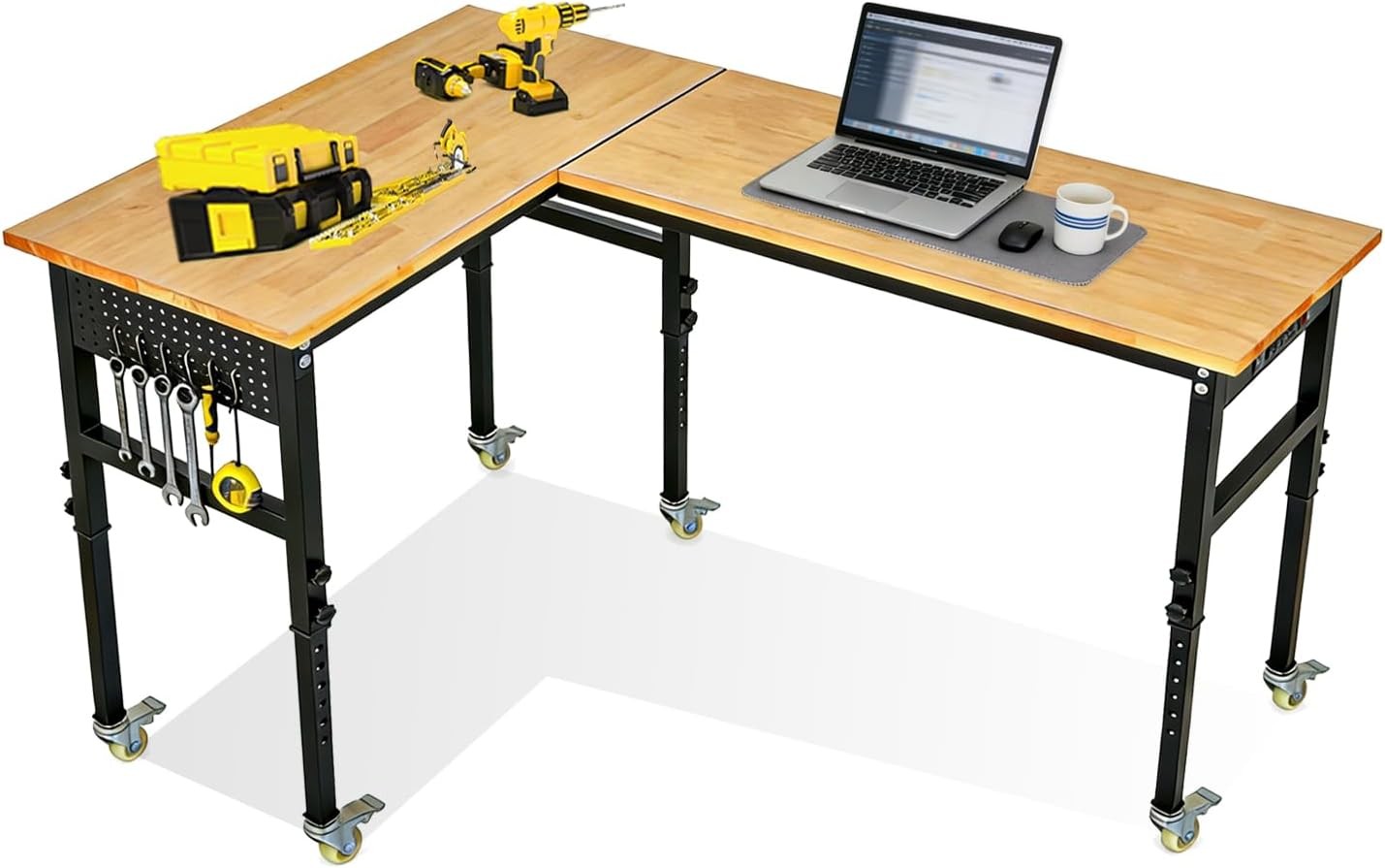 L Shaped Adjustable Workbench with Pegboard Power Outlets Wheels 2000lb Capacity