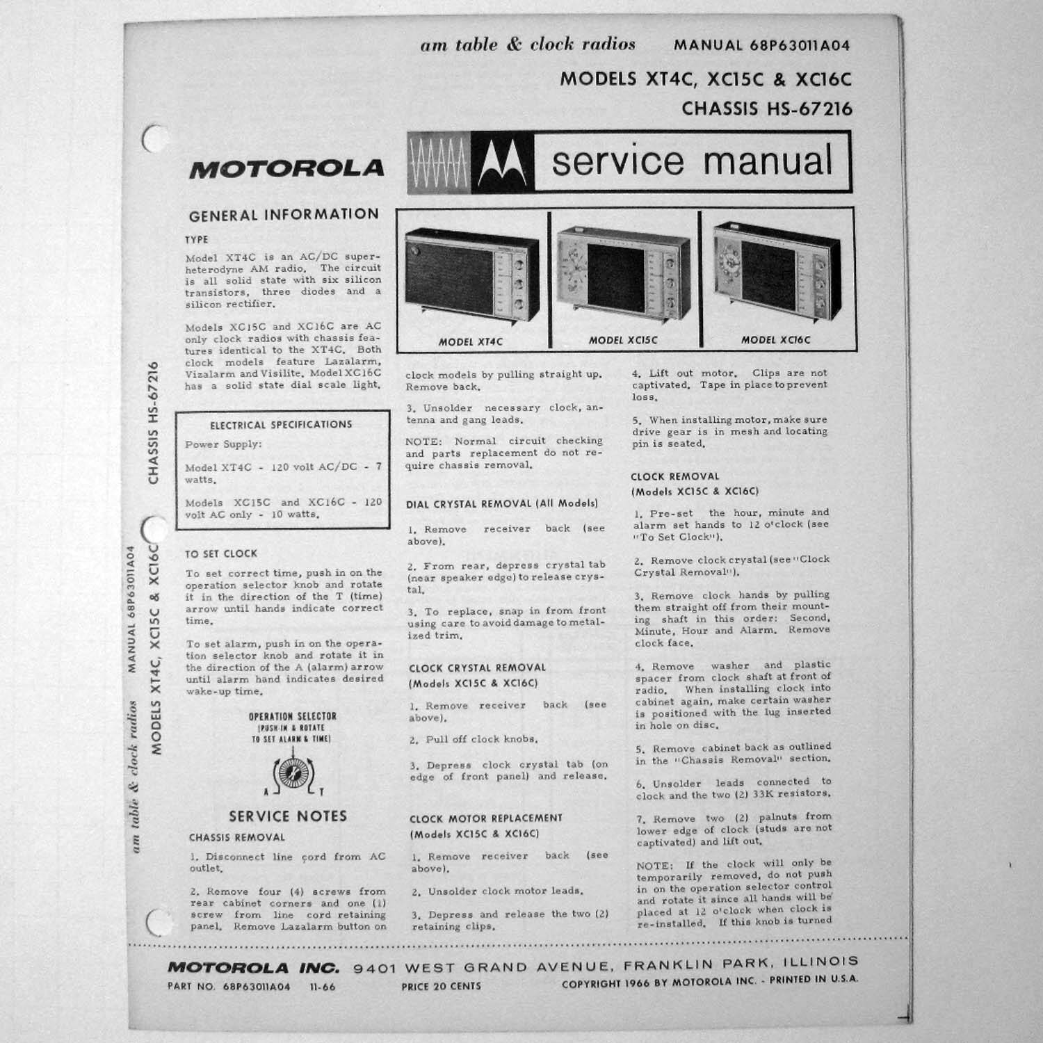 Motorola ® Models XT4C XC15C XC16C Table Top Radio - Service Manual © 1966