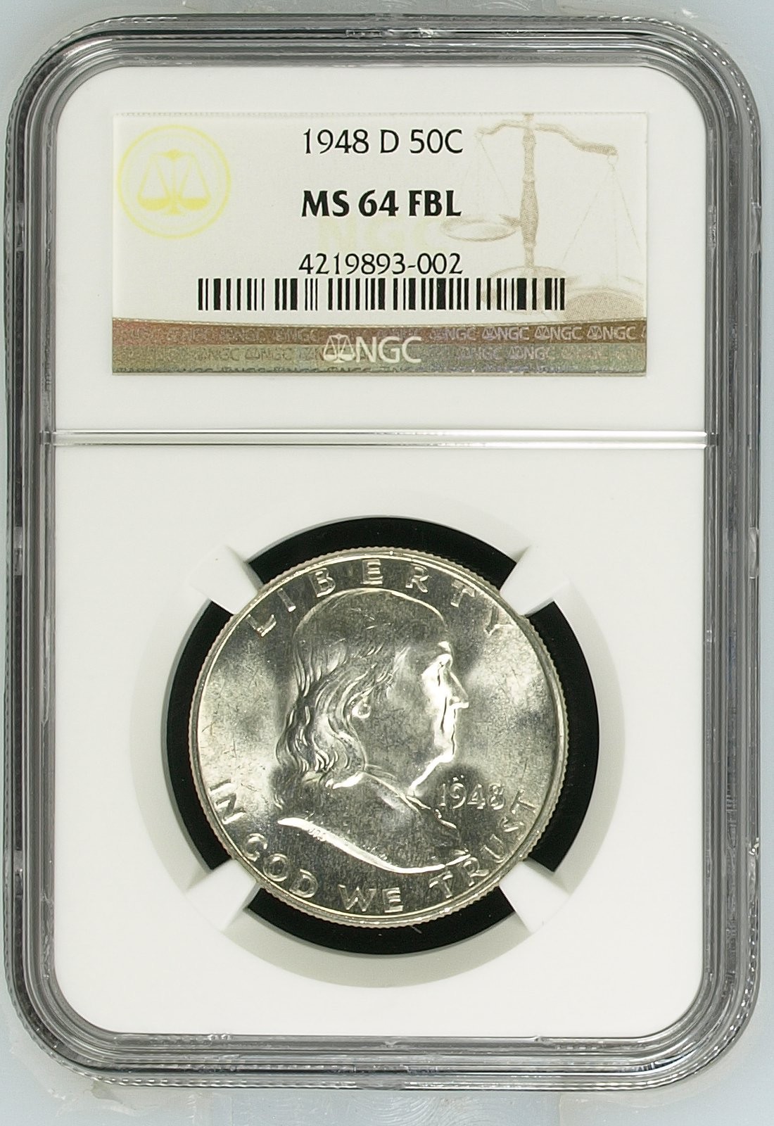 1948-D Franklin Silver Half Dollar - NGC MS 64 FBL - Full Bell Lines - B15