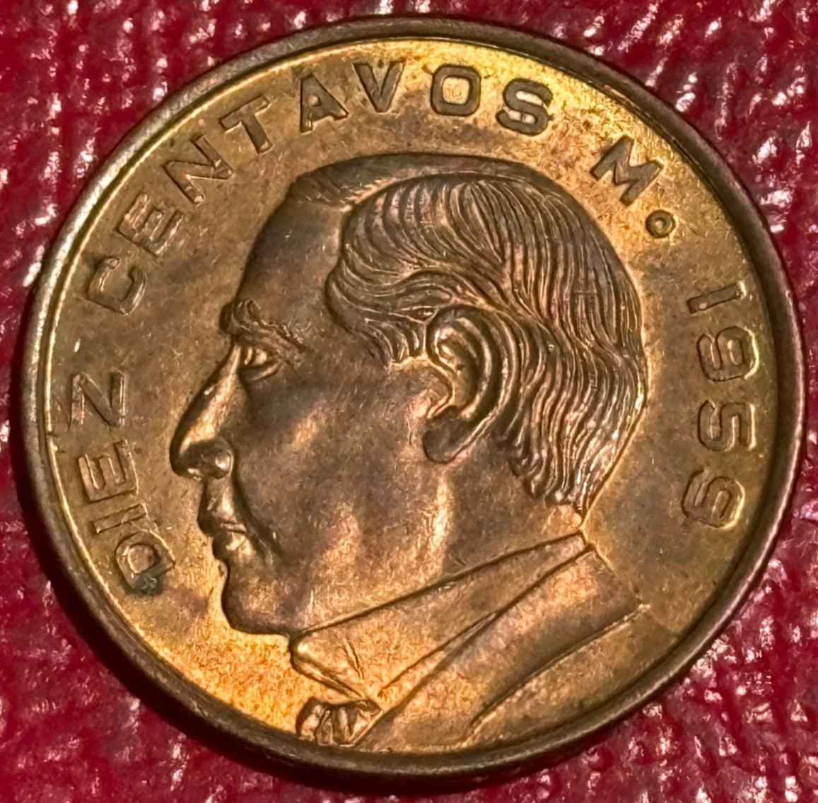 HIGH GRADE WITH TONING  AU/UNC  1959 MEXICAN MEXICO 10 CENTAVOS COIN-APR310