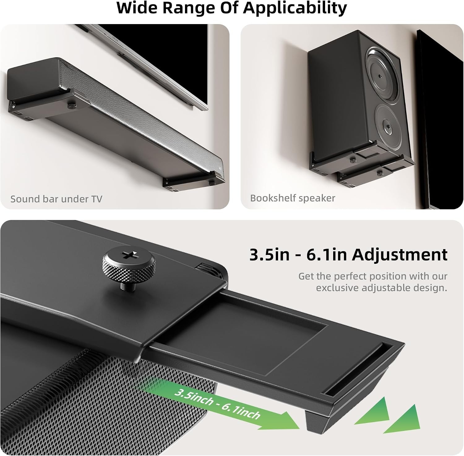Versatile Adjustable Soundbar Mount - For Wall, TV, or Bookshelf Use, Black