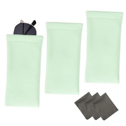 3 Pack PU Leather Eyeglass Pouch, Squeeze Top Soft Portable 3pcs Mint Green