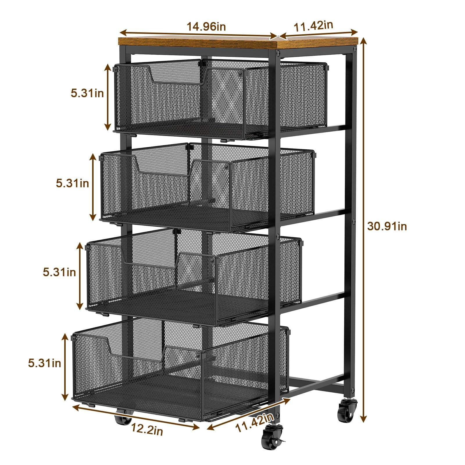 Kitchen Rolling Cart with Drawers, 4-Tier Fruit Vegetable Storage Cart on Whe...