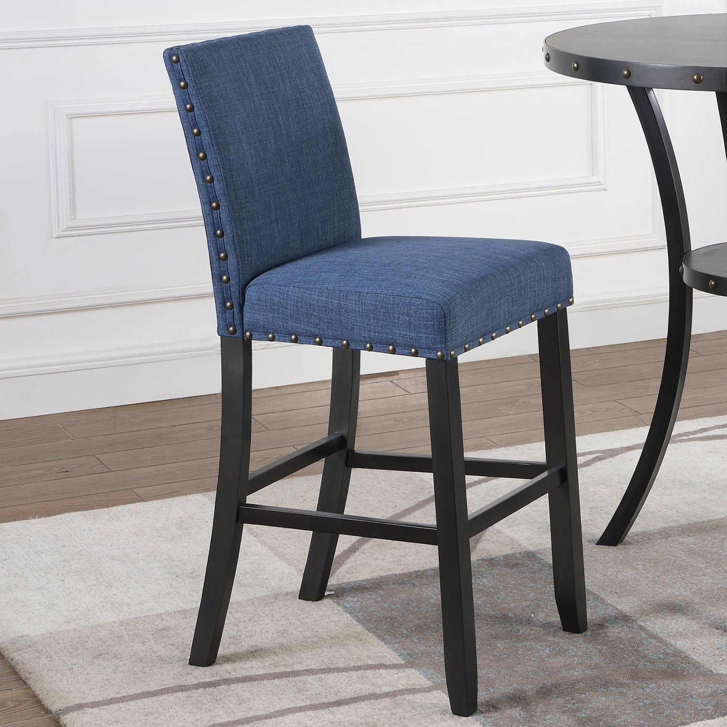 Roundhill Furniture PC164BU Biony Fabric Bar Stools Nailhead Trim Set of 2 Blue