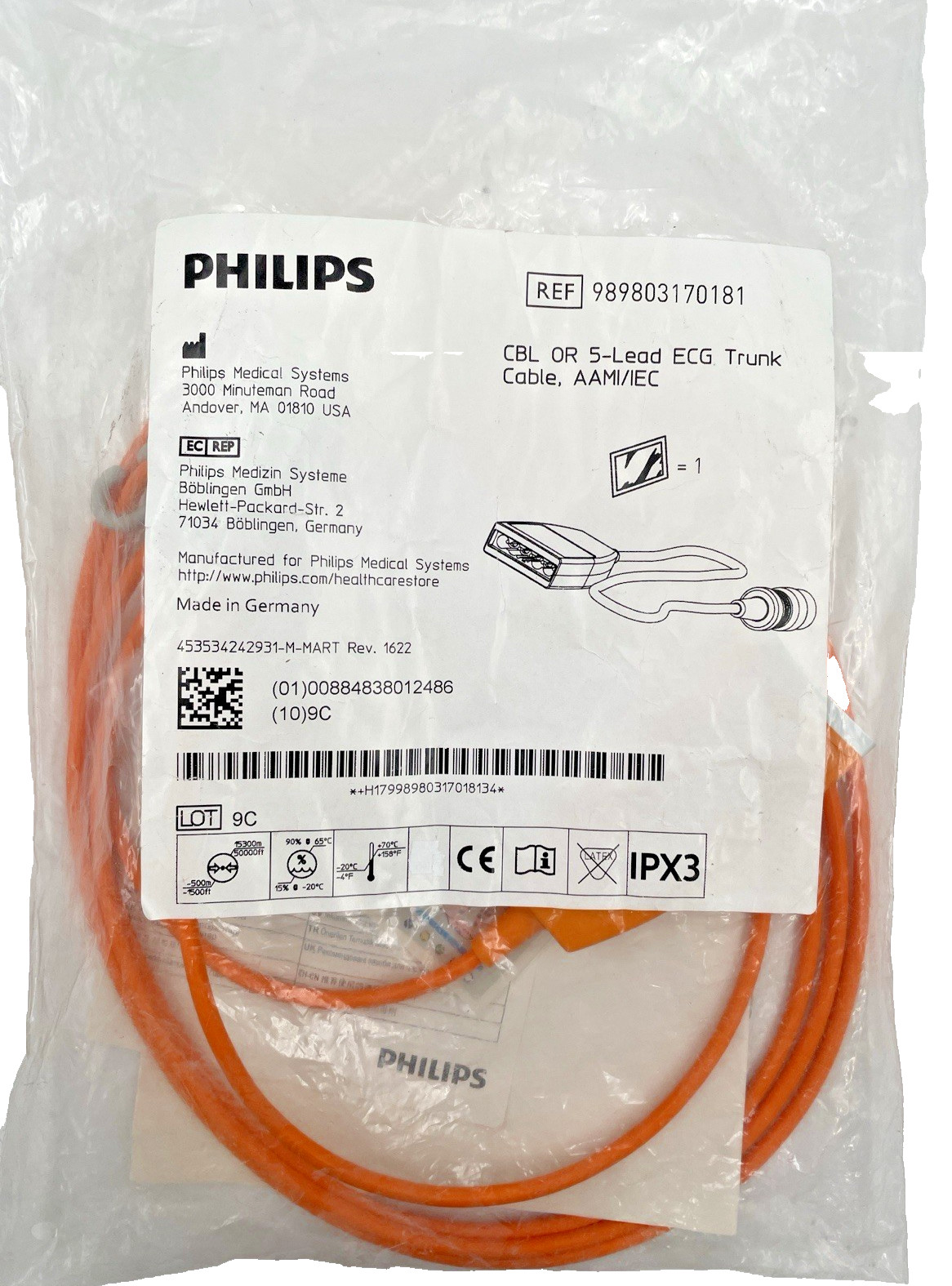 Philips CBL OR 5-Lead ECG Trunk Cable, AAMI/IEC REF 989803170181