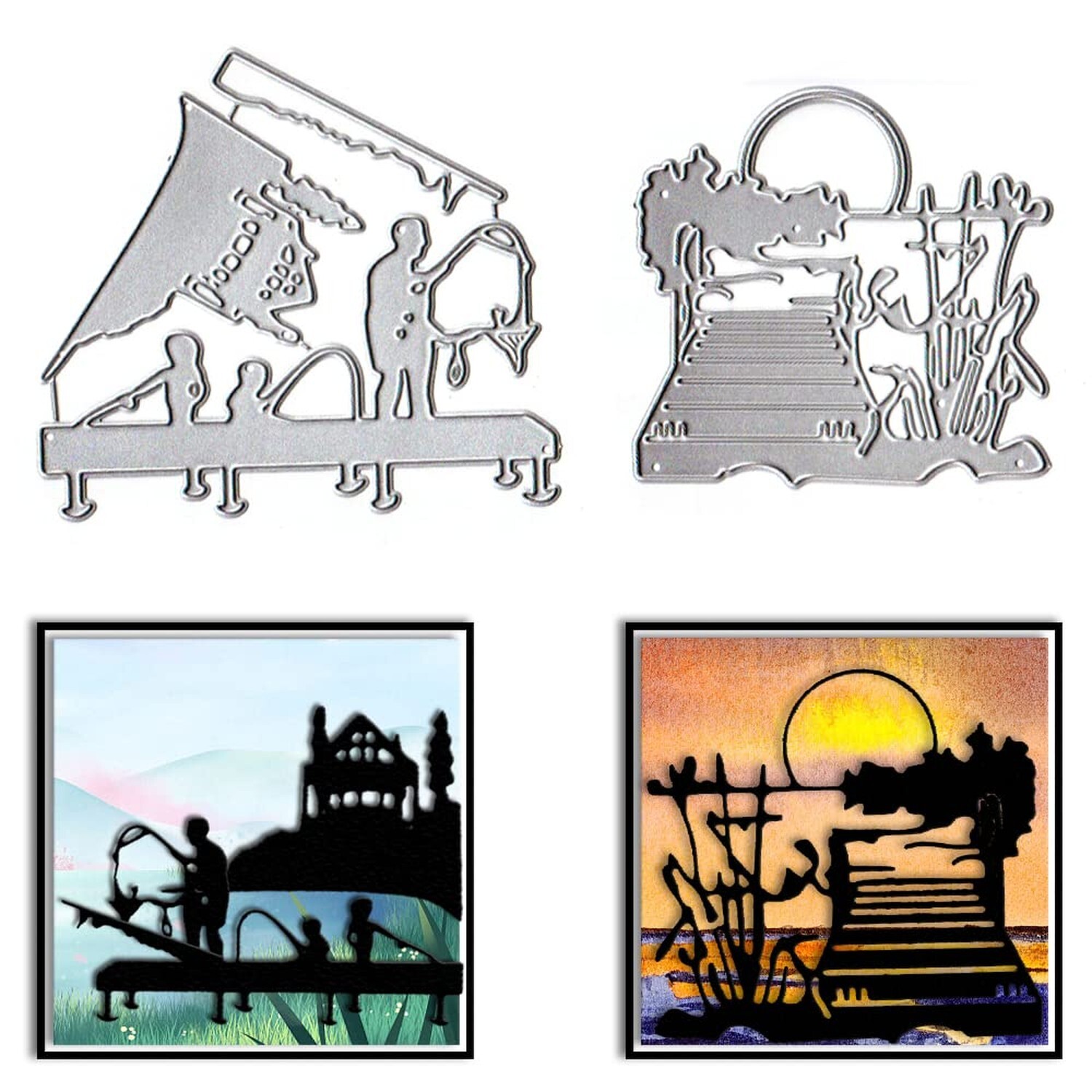 2 PCS Fishing Man Die Cuts for Card Making, Lake Bridge House Cutting Dies Se...