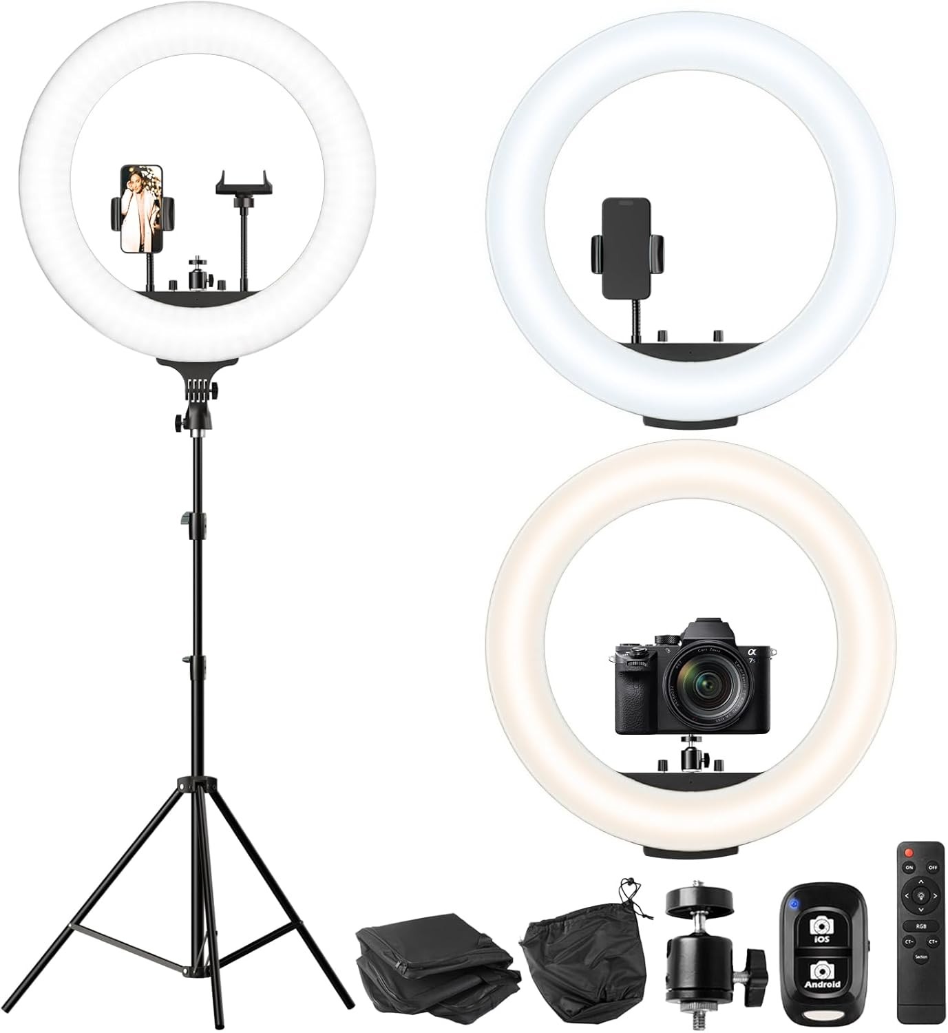 LED Ring Light 22'' with Stand, Dimmable 3000-6000K, Phone/DSLR Mount, USB Ports