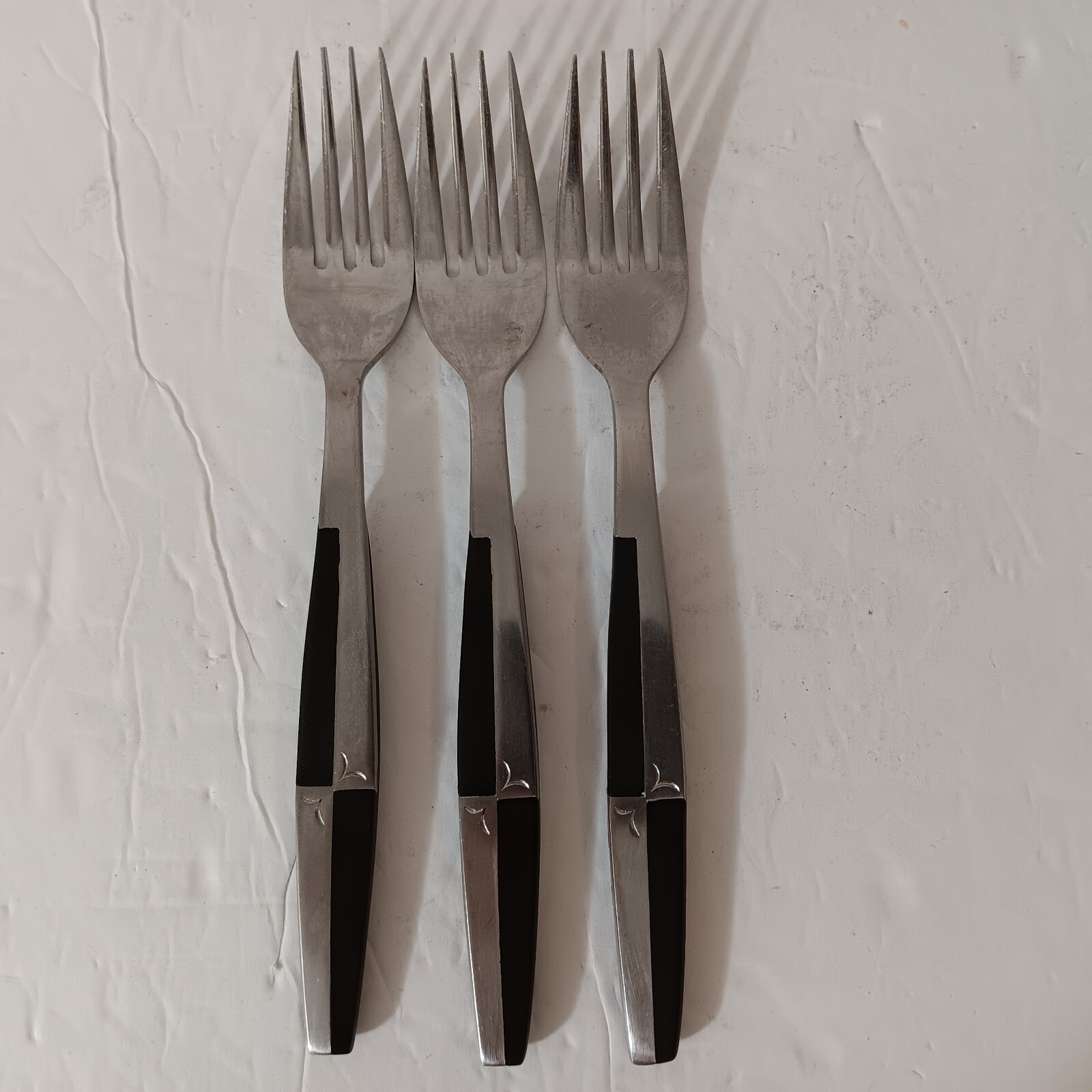 Set Of 3 MCM 1960's Japan Atomic Black & Stainless Steel Handle Dinner Forks
