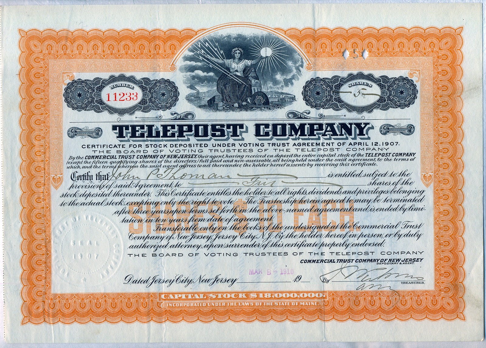 Telepost Company Stock Certificate Maine Orange