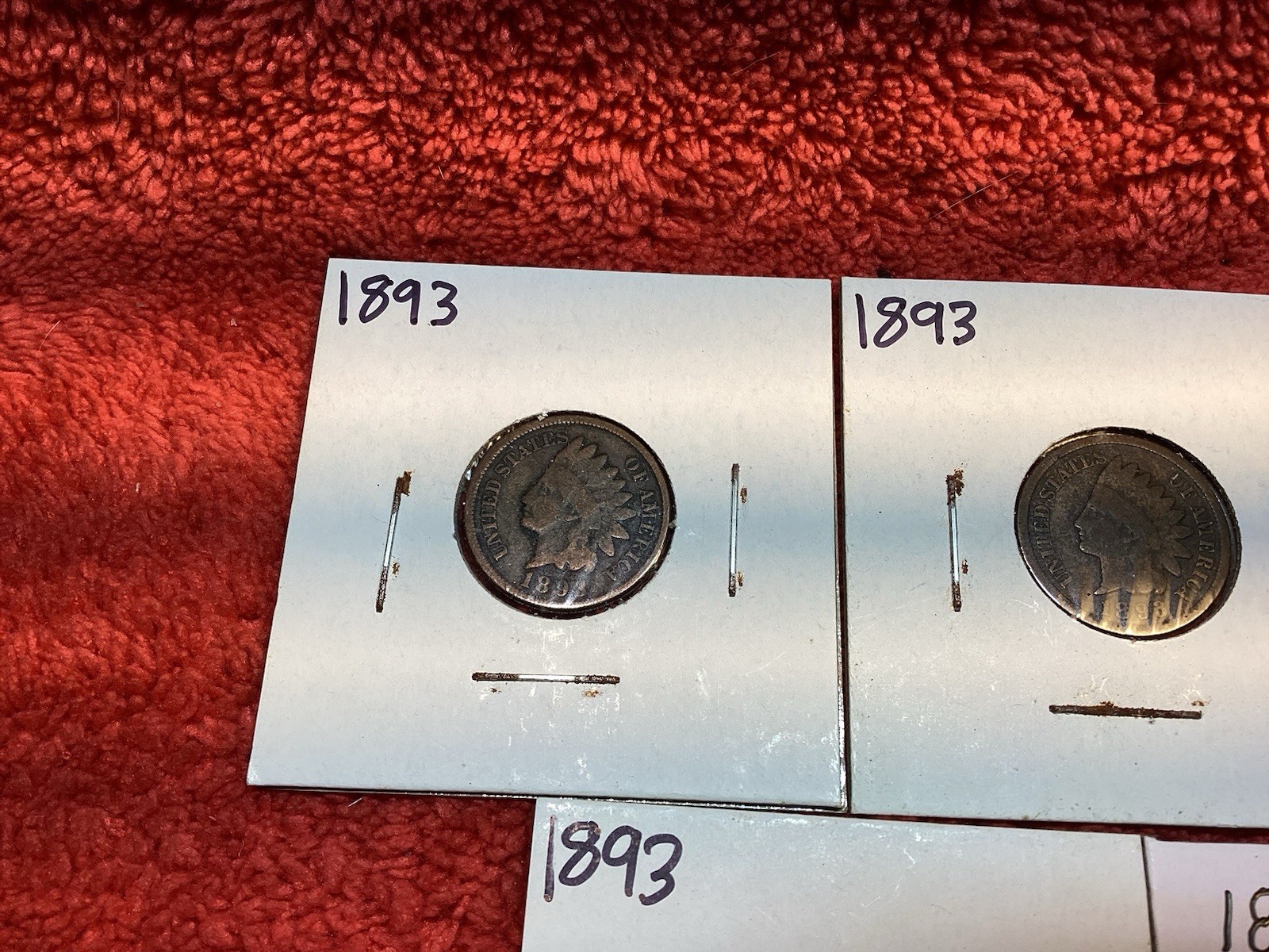 FIVE 1893 INDIAN HEAD PENNIES