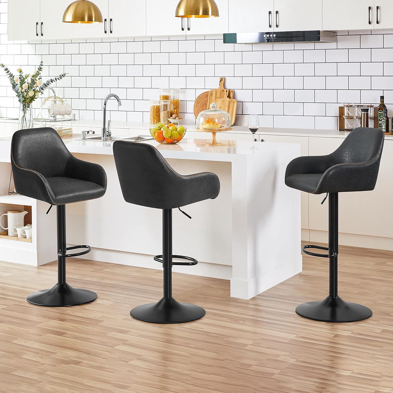 Stylish Set of 2 Adjustable Black PU Leather Swivel Bar Stools with Backrest