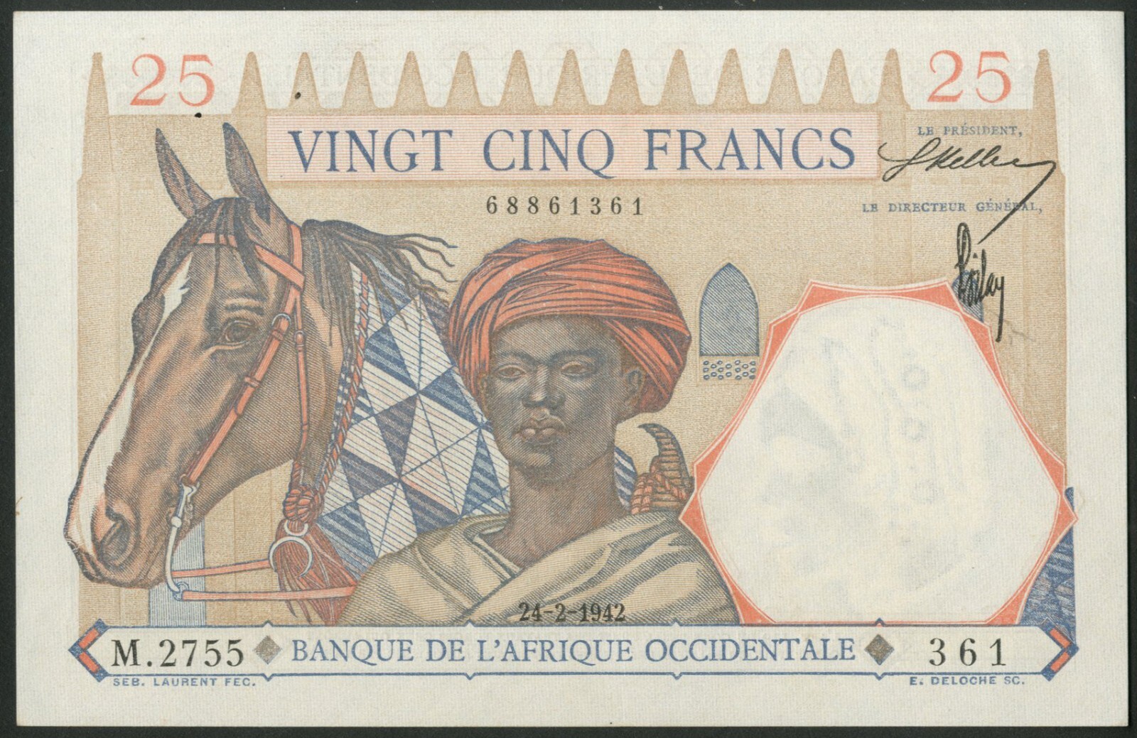 French West Africa, Banque de L'Afrique Occidentale, 25 francs, 24-2-1942, GEF
