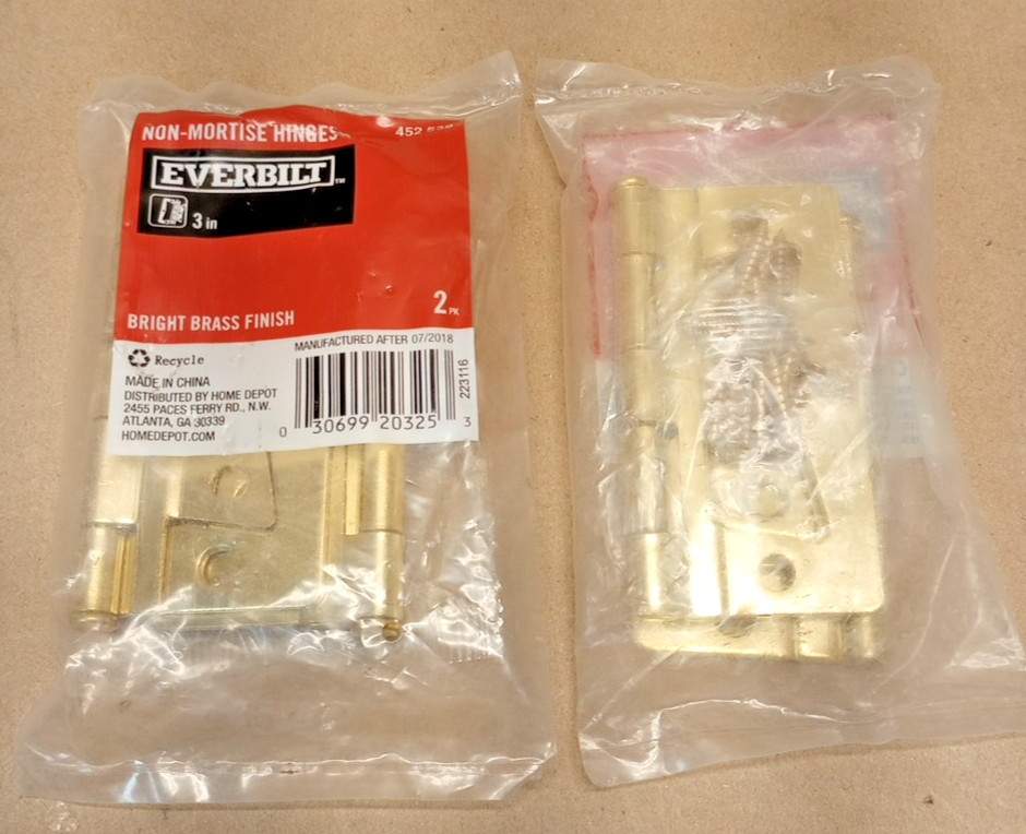 2 Packs With 2 Hinges in Each 3" Non-Mortise Hinges Bright Brass Finish 452 539