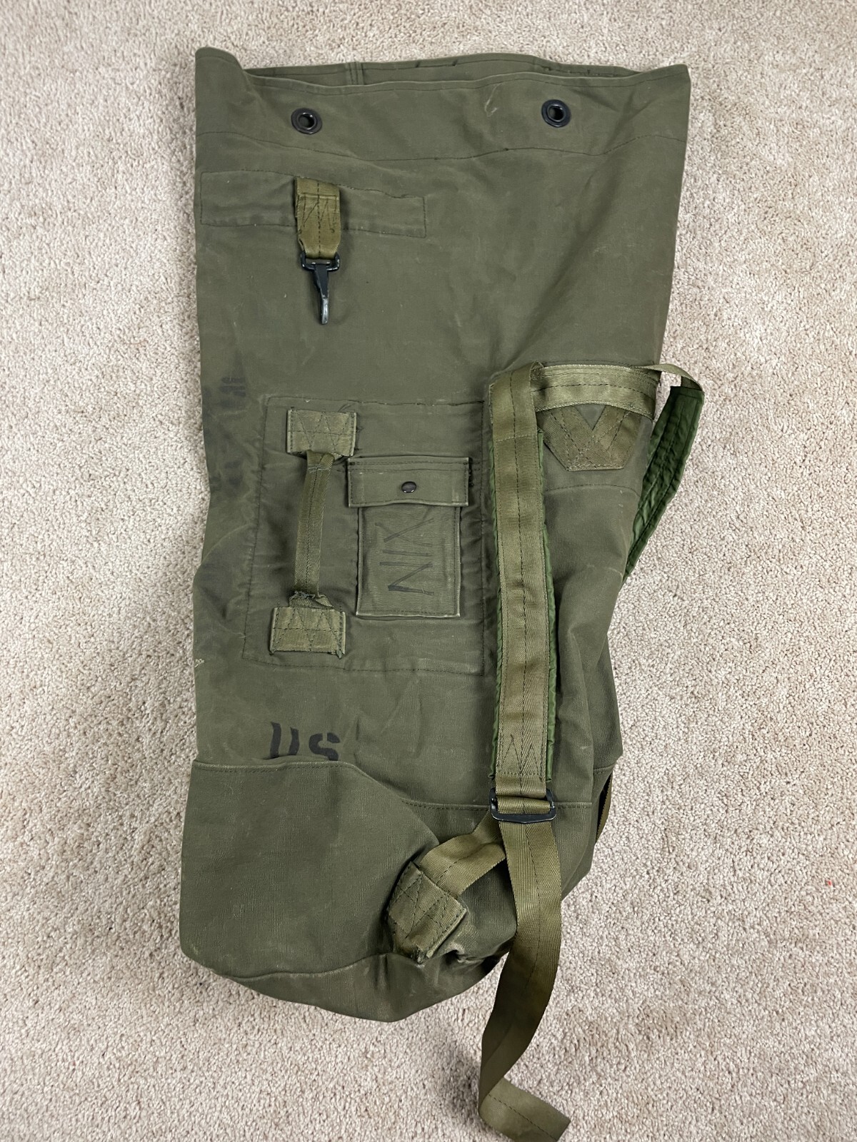 Vintage US Military Army Backpack Duffel Bag Adjustable Strap Pockets Green
