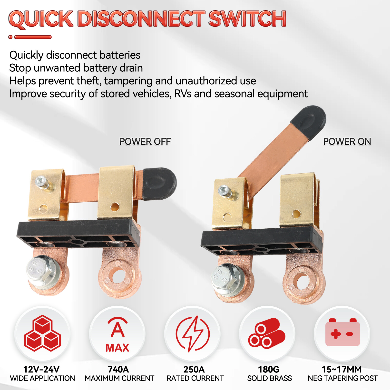 Blade Battery Disconnect Switch 12V/24V Copper Side Post Shut Off Fit Car Boat