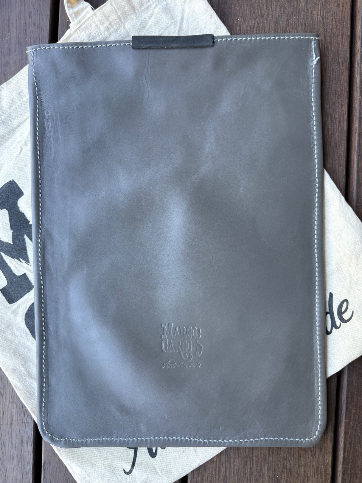 Leather Laptop  sleeve 14-inch -with clip -  handmade in Australia GREY