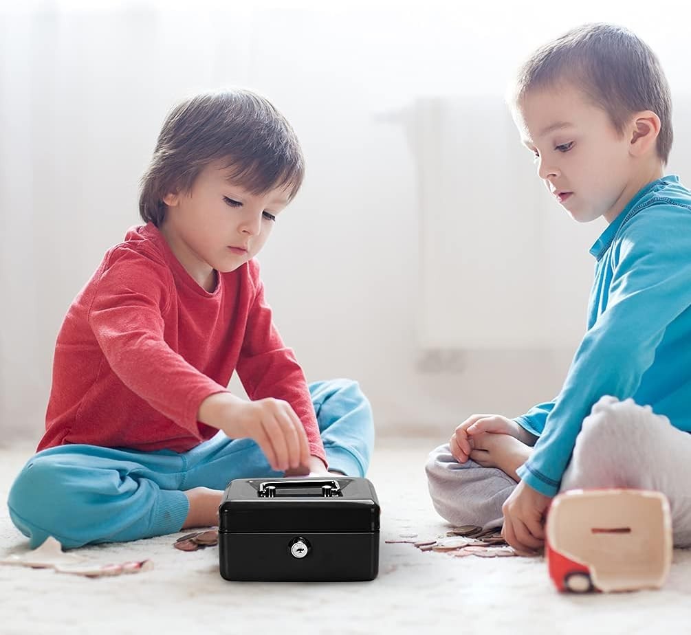 Small Lock Cash Box, Metal Lock Boxes for Kids, Money Box with Slot on Top, B...