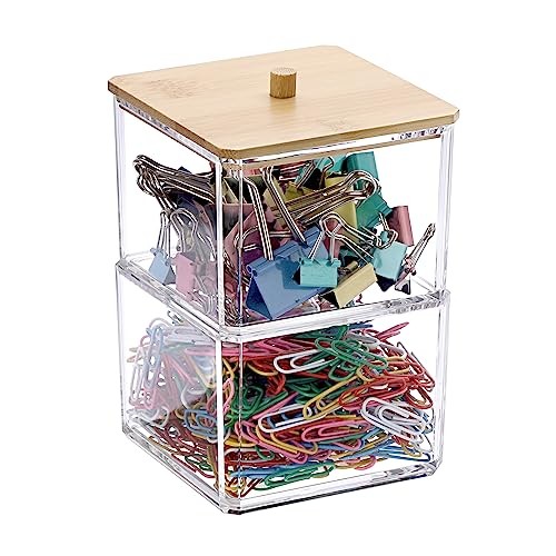 Clear Stackable Paper Clip Holder with Bamboo Lid 2-Layer 2-Tier, Square
