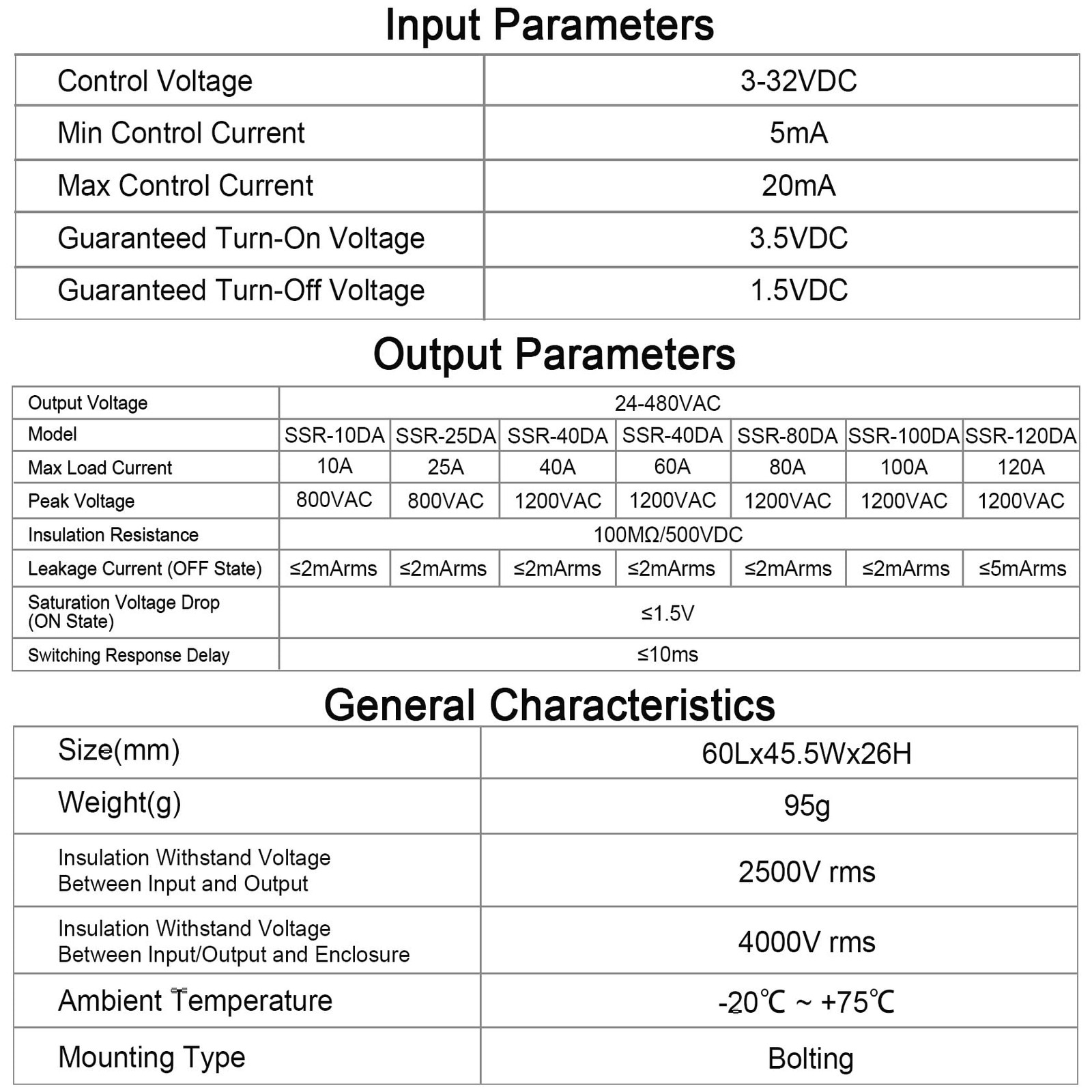 SSR-40DA Single Phase DC/AC Solid State Relay Input 4-32VDC Output 24-480V