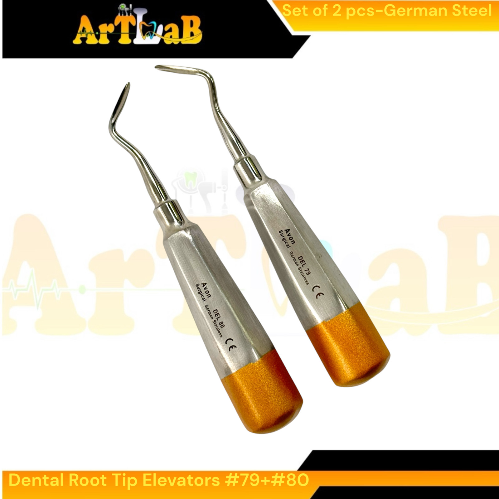 Luxating Root Elevator Set with Angled Sharp Tips, #79 & #80, Hollow, Gold (2pk)
