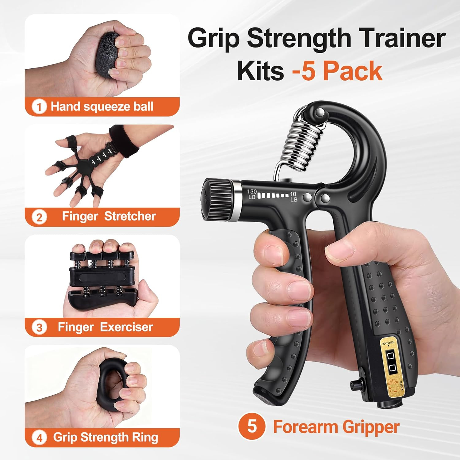 Grip Strength Trainer Kit (5 Pack) Adjustable Resistance Hand Gripper,Finger Exe
