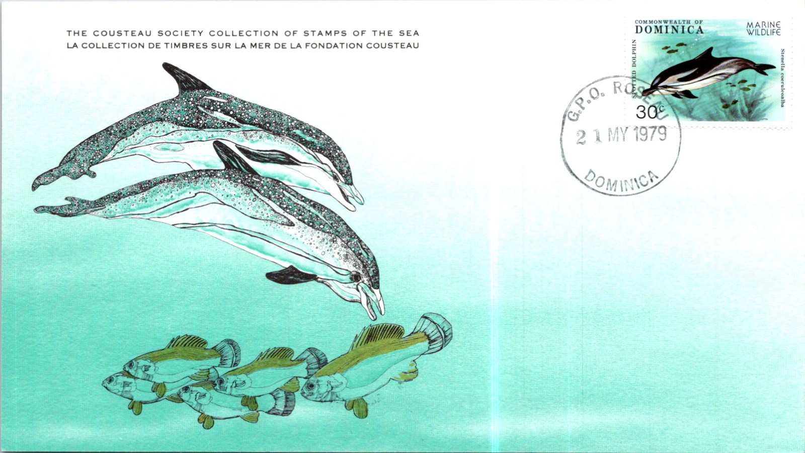 (2780) 9-6-2026 - STAMP on 1979 card related to Dolphin & Whale - Dominica x 2