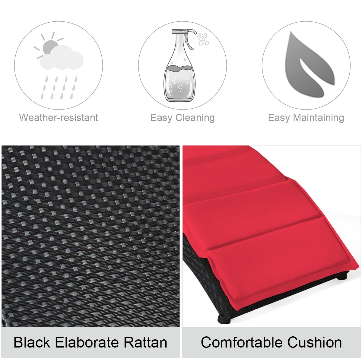 2PCS Folding Patio Rattan Lounge Chair Chaise Cushioned Portable Garden Lawn Red