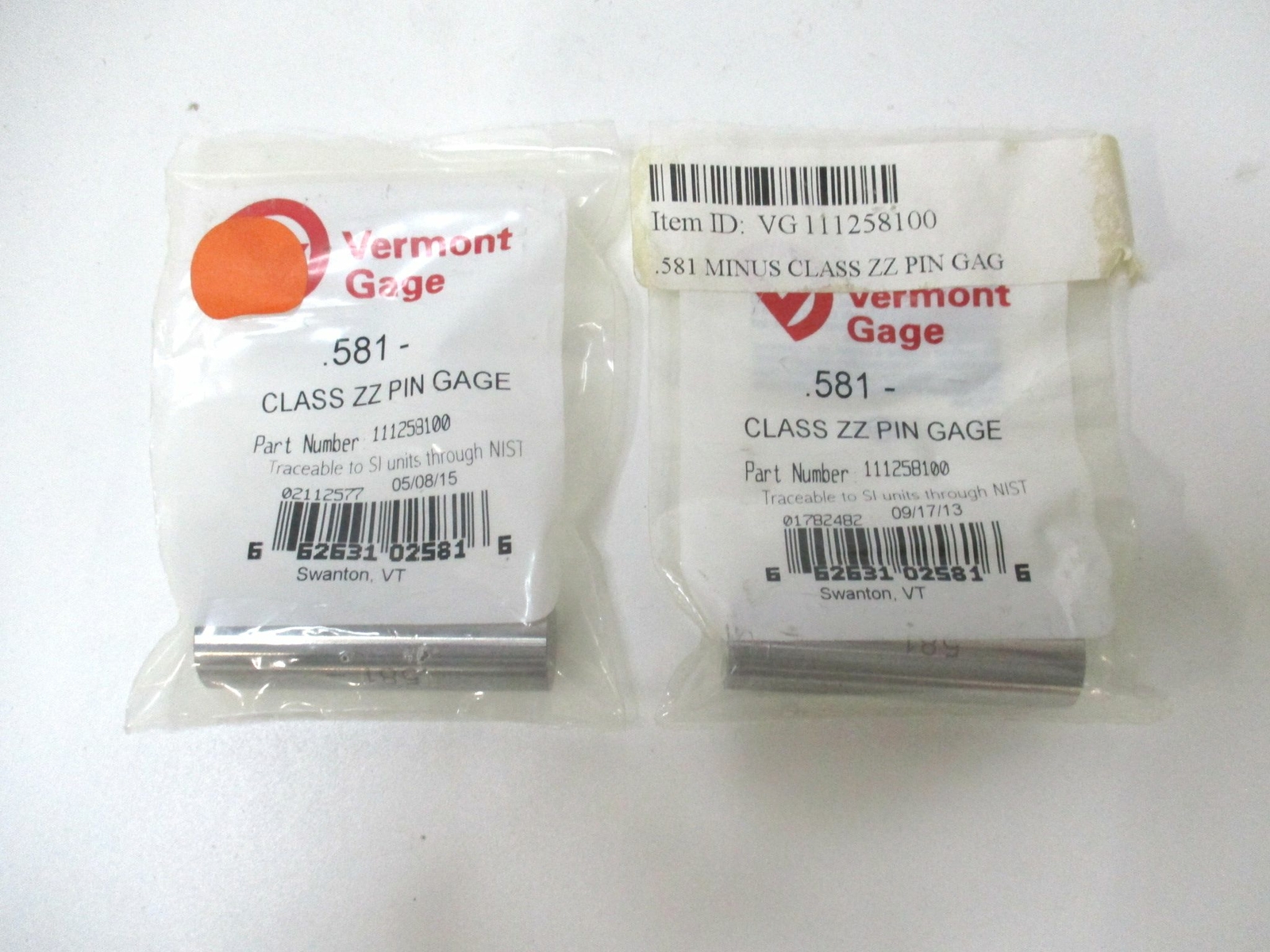 Vermont Gage (111258100) 0.581" Tolerance Class ZZ Steel No-Go Pin Gage - Qty 2
