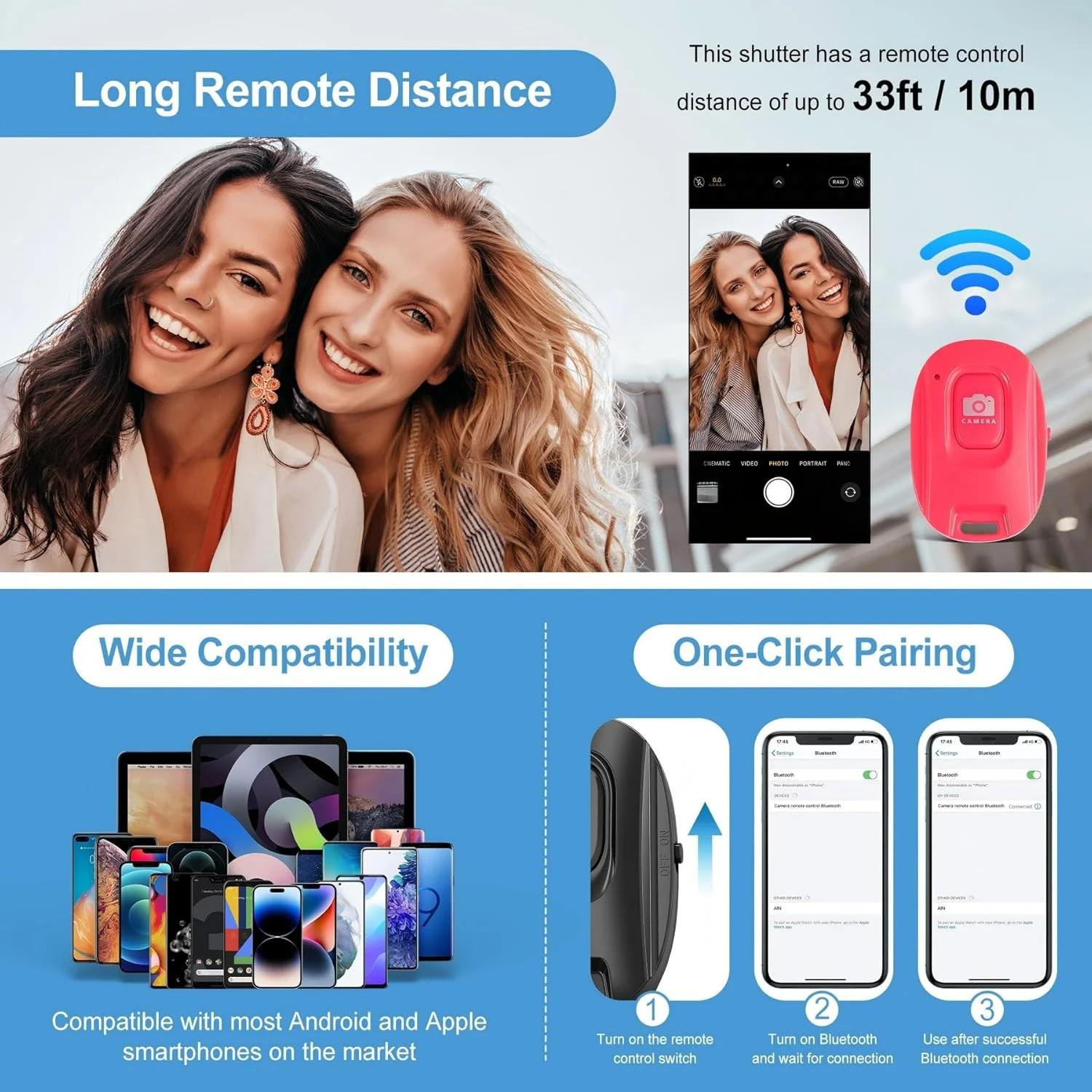 New Bluetooth Camera Remote Shutter for iPhone and Android Smartphones,Rechargea