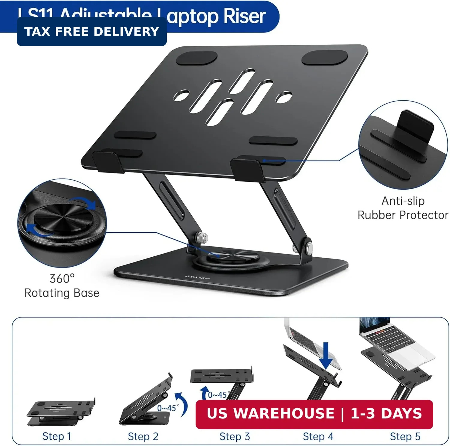 BESIGN Laptop Stand with 360° Rotating Base, Ergonomic Adjustable Notebook Riser