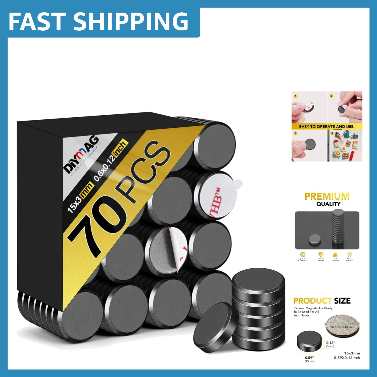 Heavy-Duty 70Pcs Adhesive Black Ceramic Round Magnets for Crafts & Organization