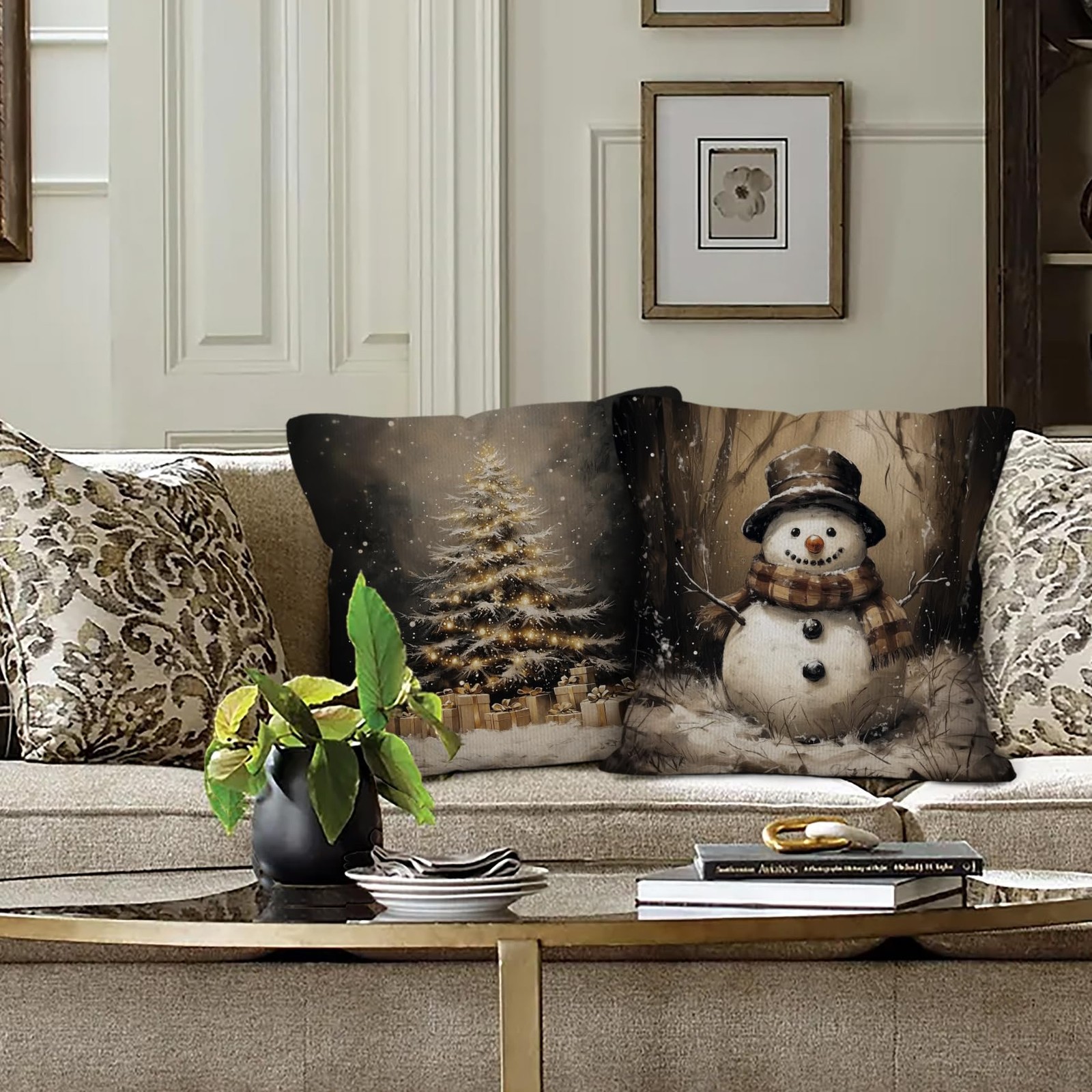 Vintage Christmas Throw Pillow Covers 18x18 Set of 2,Vintage Dark Christmas T...