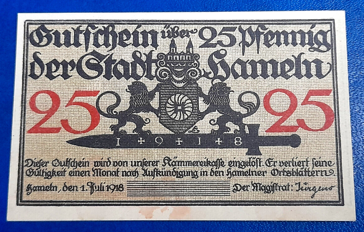 HAMELN NOTGELD 25 PFENNIG 1918 EMERGENCY MONEY GERMANY BANKNOTE (32447)