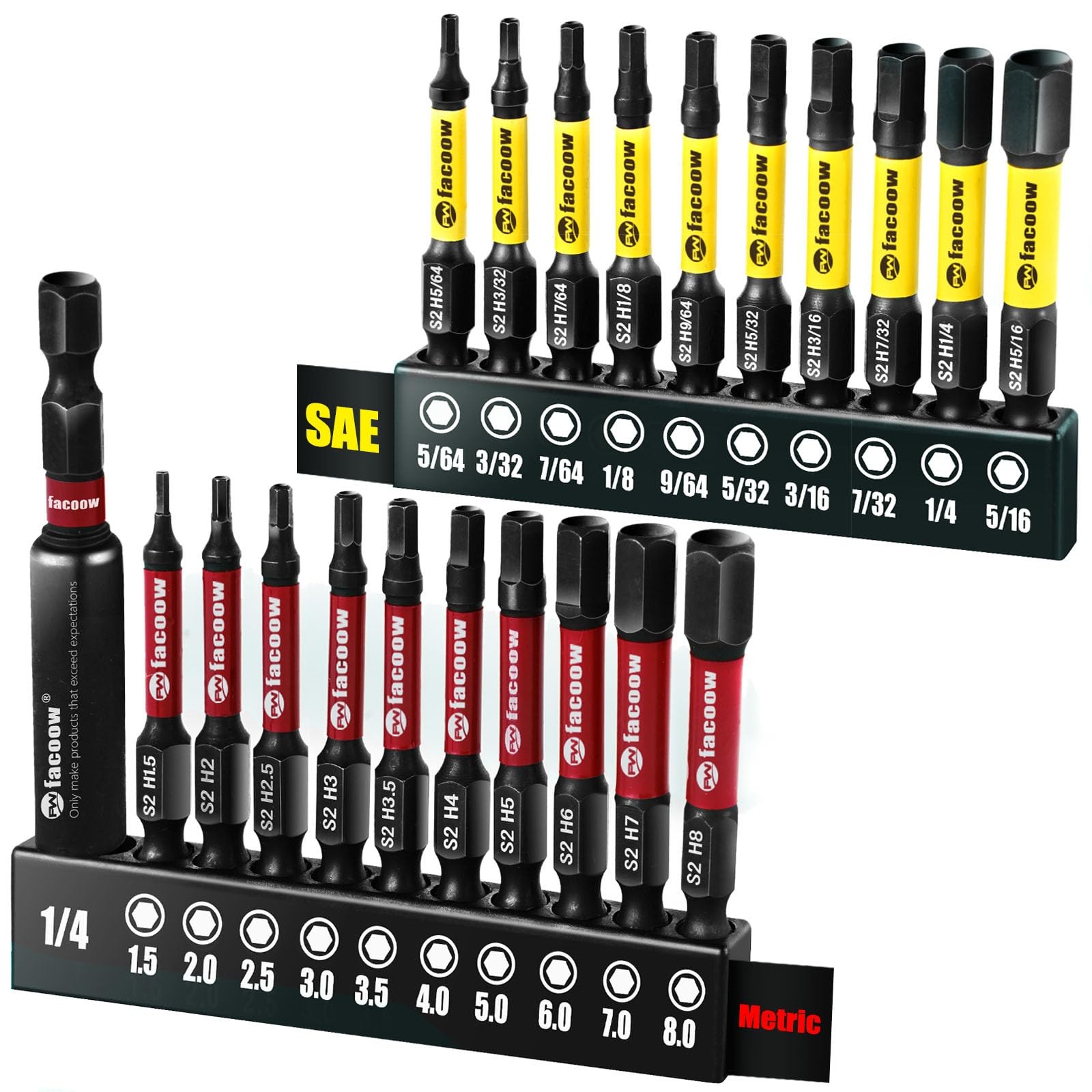 21PCS Impact Hex Bit Set, 2" Long SAE & Metric S2 Alloy Steel Allen Wrench Dr...